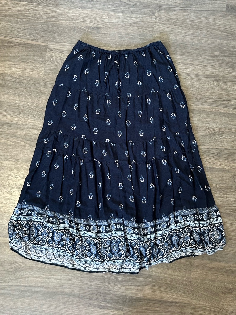 Hollister Flowy Bohemian Navy Tiered Maxi Skirt with Border Print Boho Style